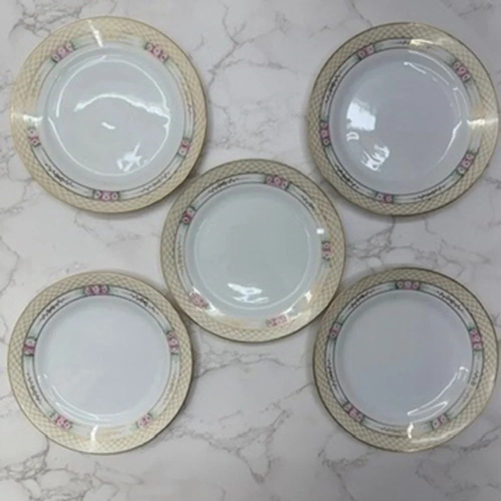 Vintage Nippon‎ Hand Painted Rose Lattice Porcelain Salad Plates 5 Gold Gilding